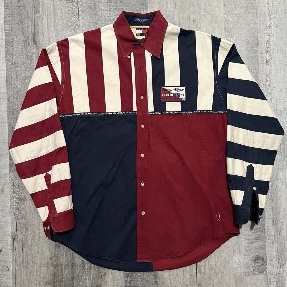 VTG Tommy Hilfiger USA Flag Color Block Nautical Sailing Shirt Men's Striped M
